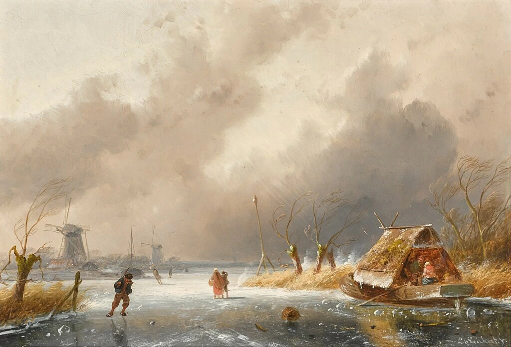 Charles Leickert - Un paesaggio invernale con pattinatori, figure, una barca e mulini a vento sullo sfondo